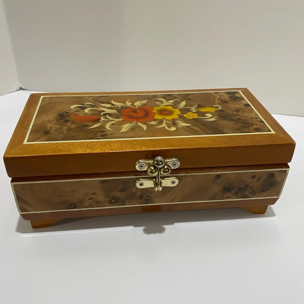 VTG Kimco Japan Wooden Jewelry Box Floral Inlay Red Velvet Lining Mirror READ